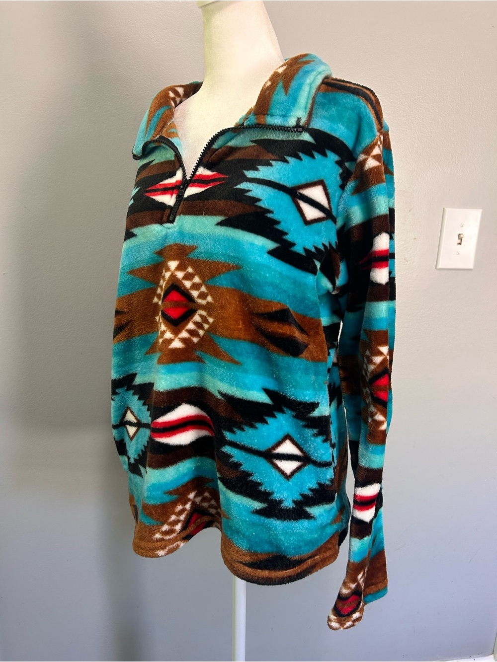 Trail Crest Plush Aztec Quarter-Zip Pullover Jacket Turquoise Brown w pockets - Picture 4 of 5
